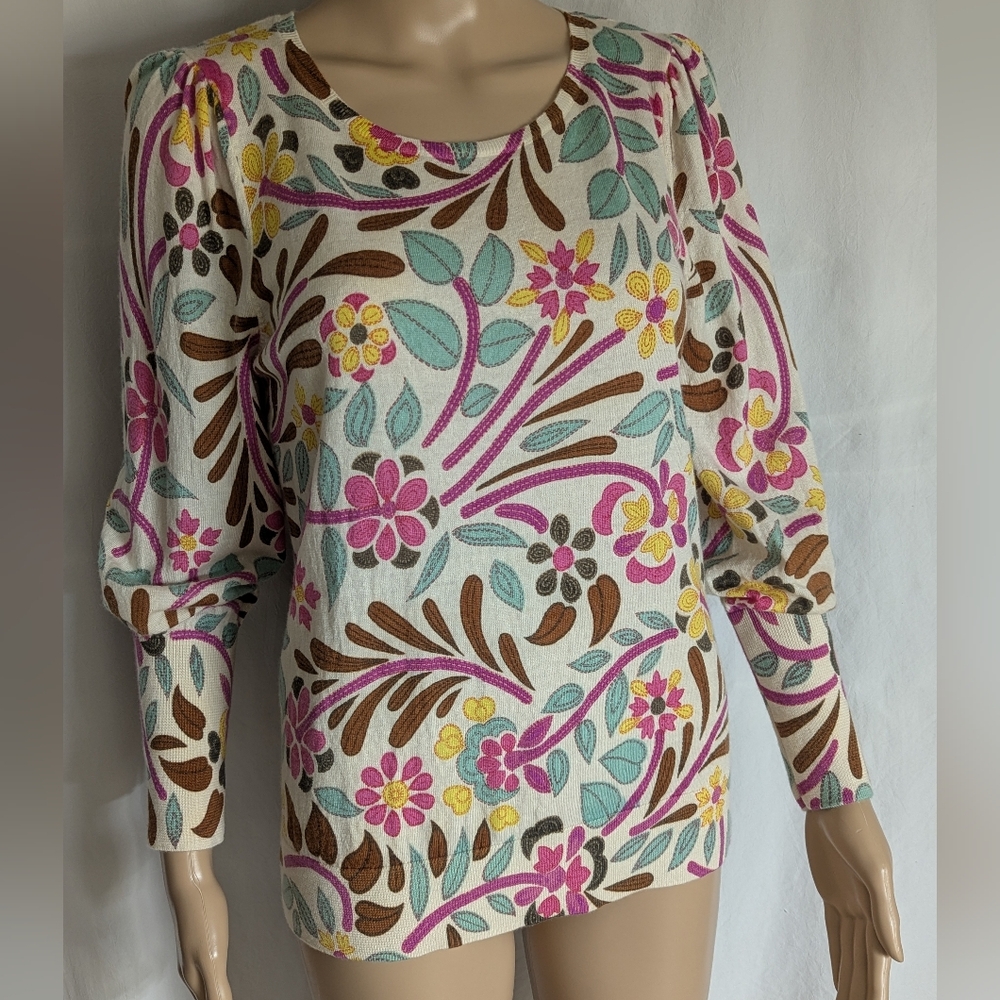 Talbots Fine Merino Wool Sweater MP Puff Long Sleeve Scoop Neckline Multicolor